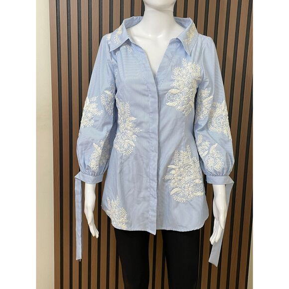 Alice + Olivia Toro Women's M Blue Button-Up Polyester Blend Shirt Pinstripe - Picture 1 of 9